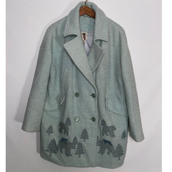 Artka Wool Blend Coat - Women's Size L - Fun Artic Bears, BOHO Style, Mint Green - Picture 1 of 11